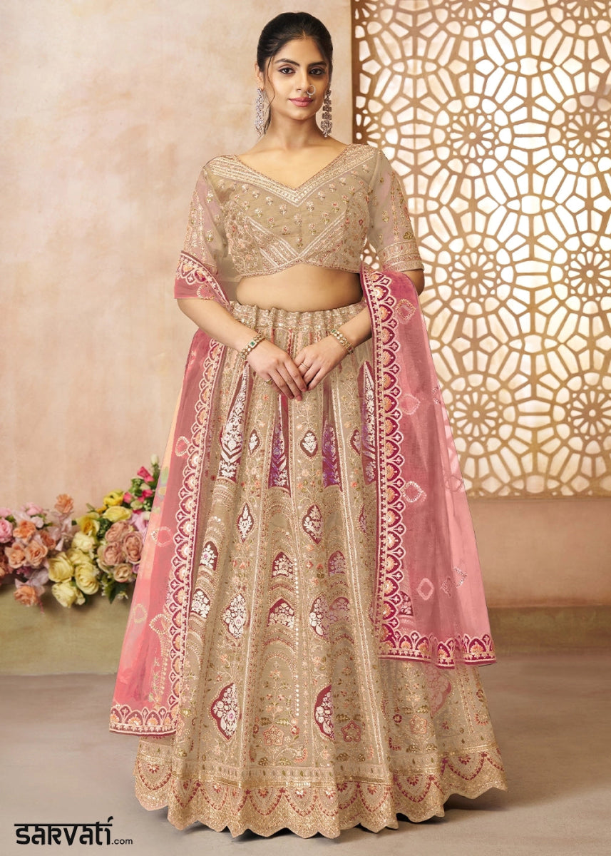 Coffee Brown Banarasi Silk Lehenga Choli Embellished With Aari Work And Floral Detailing - House of Sarvati LLC