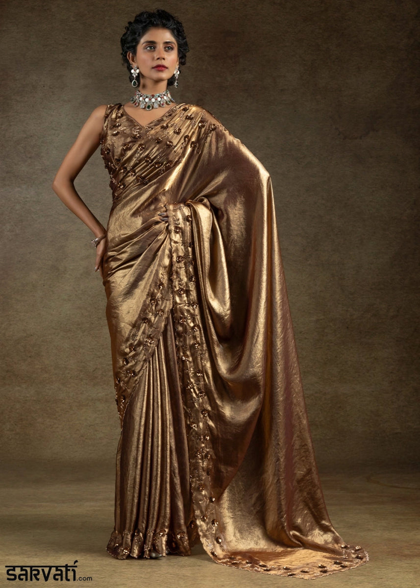 Coffee Brown Two Tone Satin Silk Saree with Intricate Zarkan, Sequin & Bead Work - House of Sarvati LLC