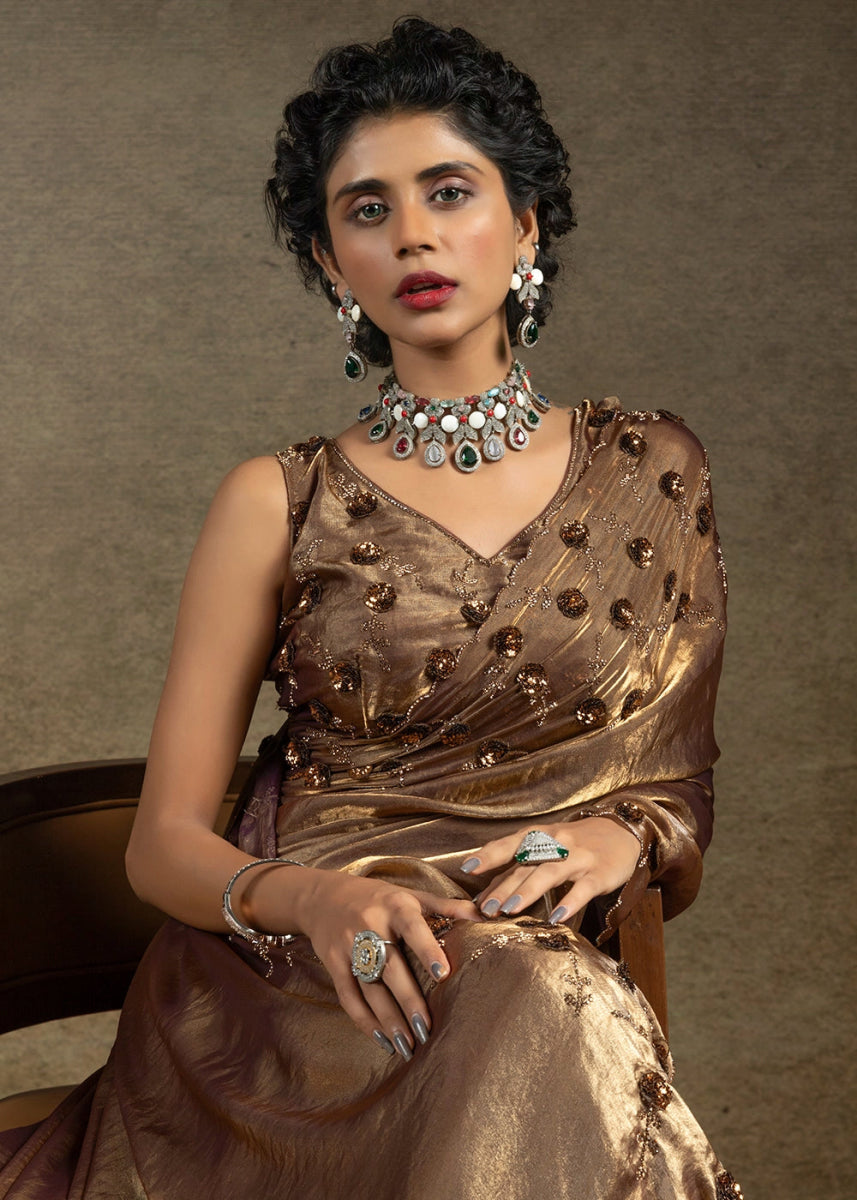 Coffee Brown Two Tone Satin Silk Saree with Intricate Zarkan, Sequin & Bead Work - House of Sarvati LLC