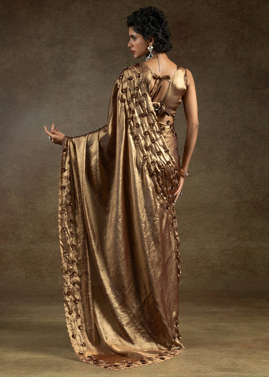 Coffee Brown Two Tone Satin Silk Saree with Intricate Zarkan, Sequin & Bead Work - House of Sarvati LLC