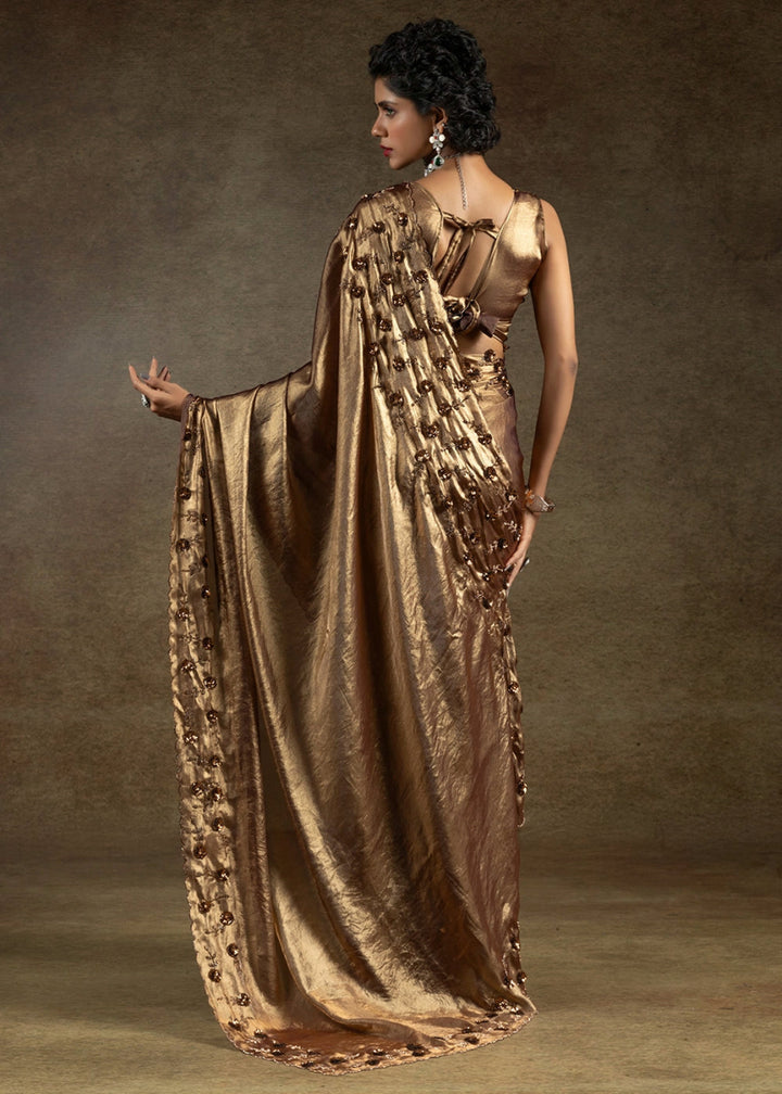 Coffee Brown Two Tone Satin Silk Saree with Intricate Zarkan, Sequin & Bead Work - House of Sarvati LLC
