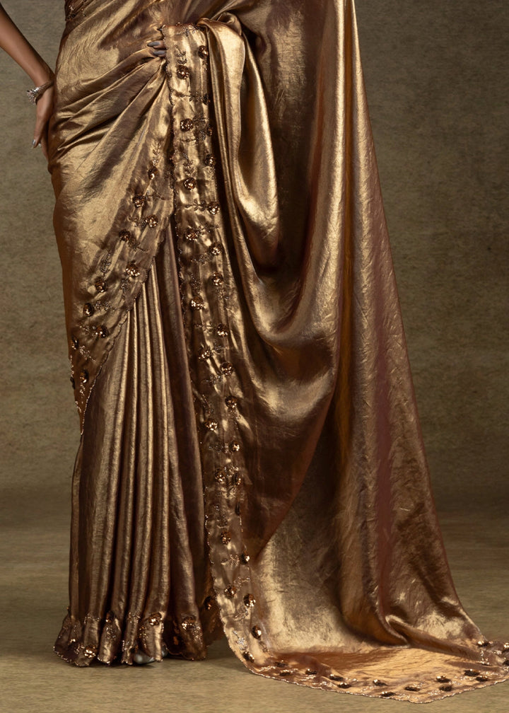 Coffee Brown Two Tone Satin Silk Saree with Intricate Zarkan, Sequin & Bead Work - House of Sarvati LLC