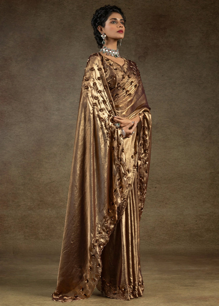 Coffee Brown Two Tone Satin Silk Saree with Intricate Zarkan, Sequin & Bead Work - House of Sarvati LLC