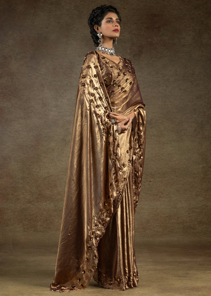 Coffee Brown Two Tone Satin Silk Saree with Intricate Zarkan, Sequin & Bead Work - House of Sarvati LLC