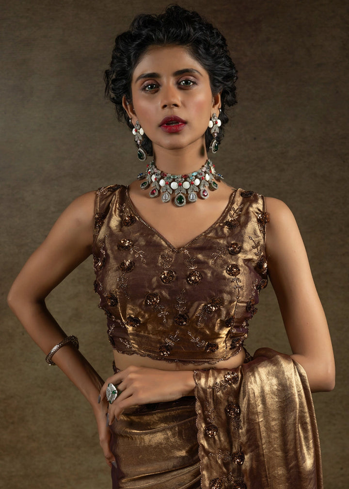 Coffee Brown Two Tone Satin Silk Saree with Intricate Zarkan, Sequin & Bead Work - House of Sarvati LLC