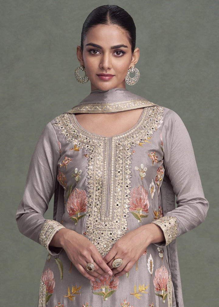 Coin Grey Chinon Silk Palazzo Suit with Delicate Floral Work - House of Sarvati LLC