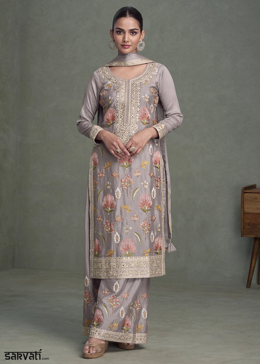 Coin Grey Chinon Silk Palazzo Suit with Delicate Floral Work - House of Sarvati LLC