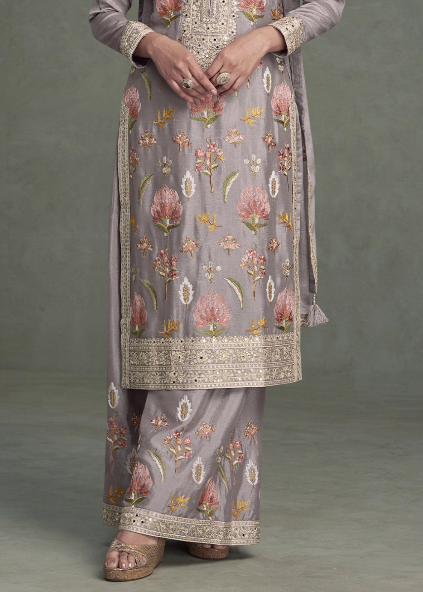 Coin Grey Chinon Silk Palazzo Suit with Delicate Floral Work - House of Sarvati LLC