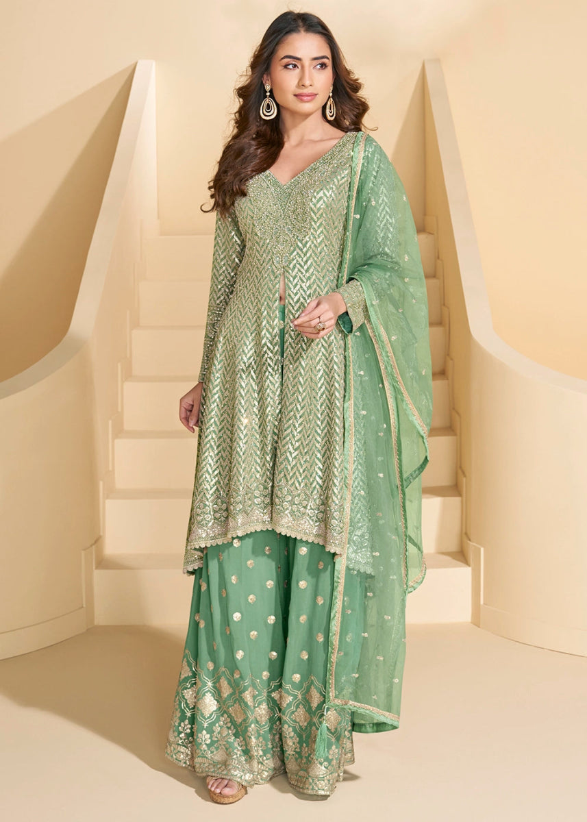 Cool Green Georgette Palazzo Suit with Exquisite Embroidery - House of Sarvati LLC