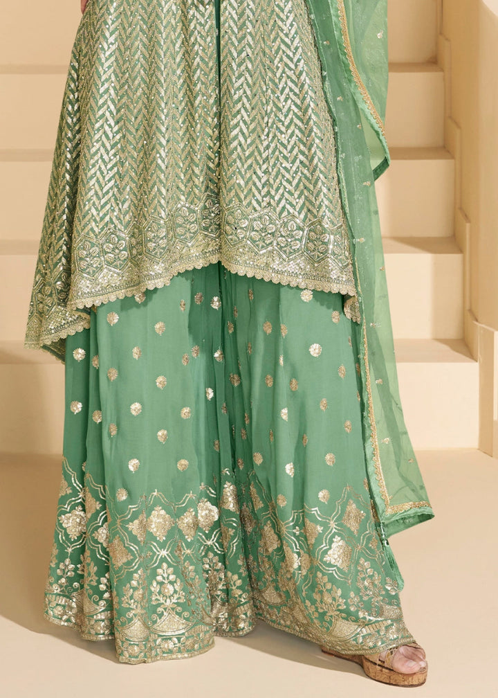 Cool Green Georgette Palazzo Suit with Exquisite Embroidery - House of Sarvati LLC