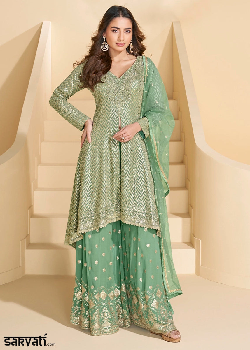 Cool Green Georgette Palazzo Suit with Exquisite Embroidery - House of Sarvati LLC