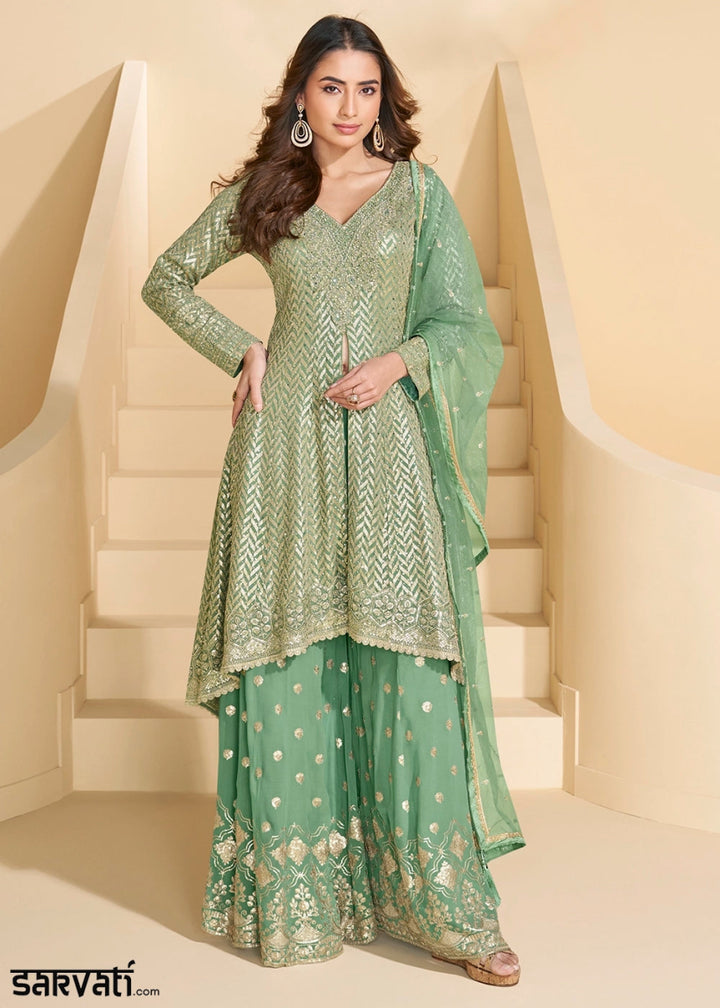 Cool Green Georgette Palazzo Suit with Exquisite Embroidery - House of Sarvati LLC