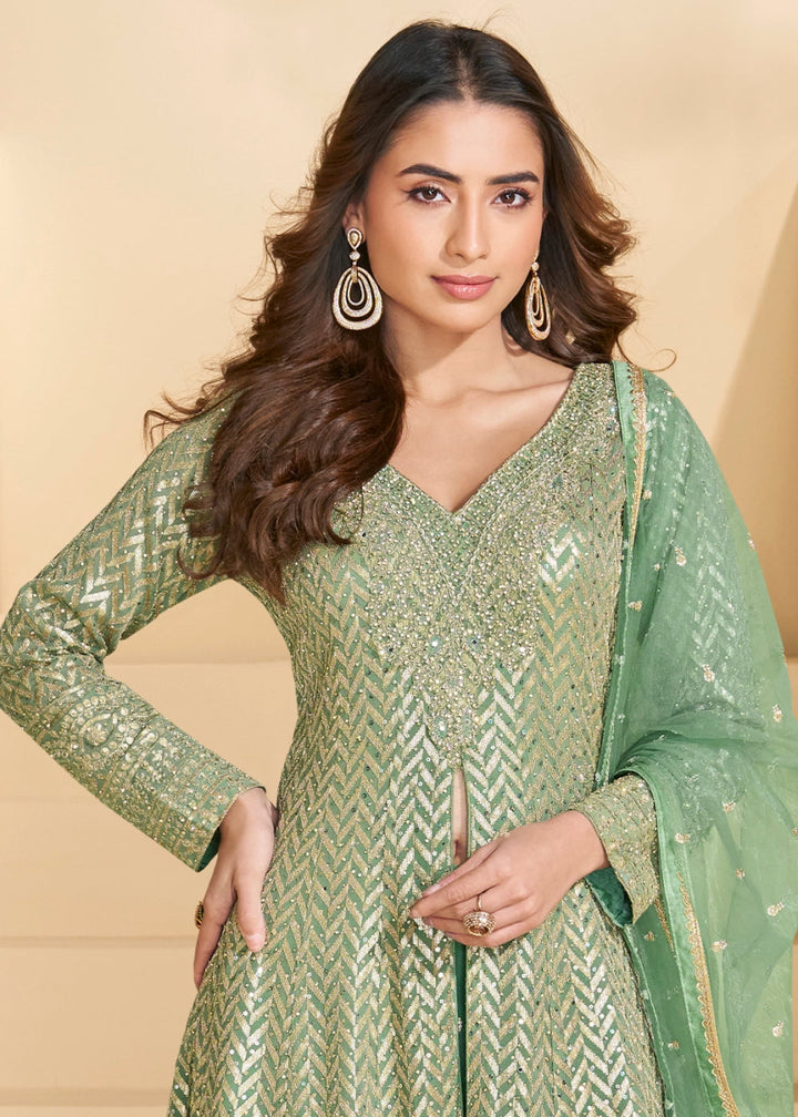 Cool Green Georgette Palazzo Suit with Exquisite Embroidery - House of Sarvati LLC