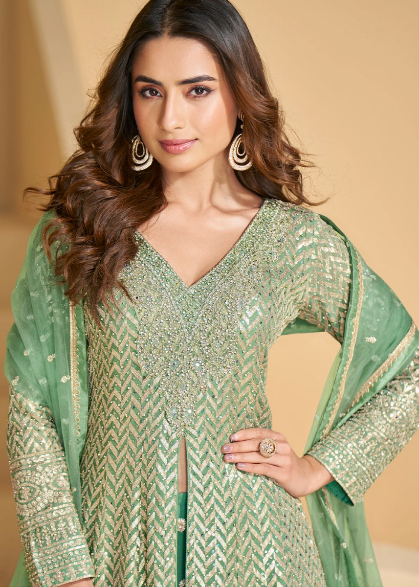 Cool Green Georgette Palazzo Suit with Exquisite Embroidery - House of Sarvati LLC
