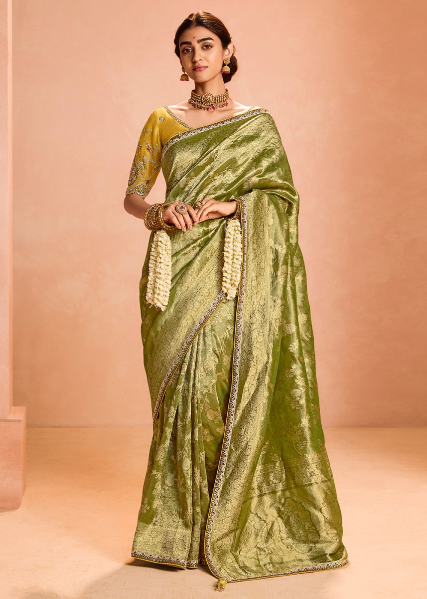 Corn Green Designer Tissue Silk Saree with Zari & Embroidered Blouse - House of Sarvati LLC