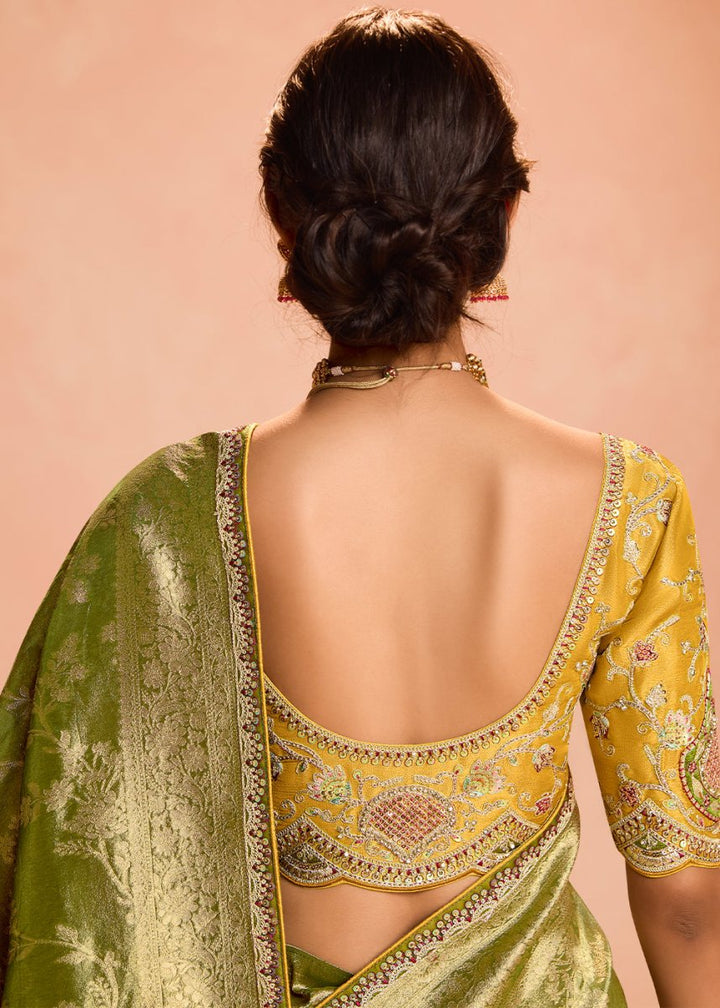 Corn Green Designer Tissue Silk Saree with Zari & Embroidered Blouse - House of Sarvati LLC