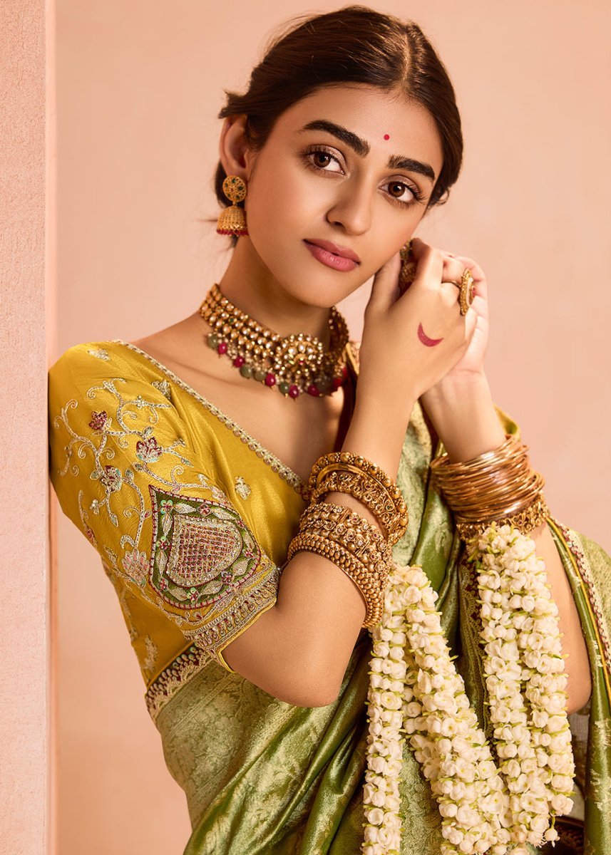 Corn Green Designer Tissue Silk Saree with Zari & Embroidered Blouse - House of Sarvati LLC