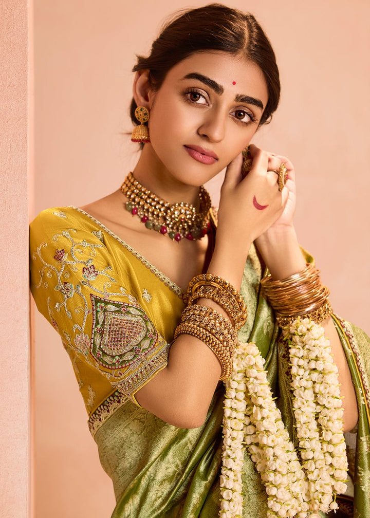 Corn Green Designer Tissue Silk Saree with Zari & Embroidered Blouse - House of Sarvati LLC