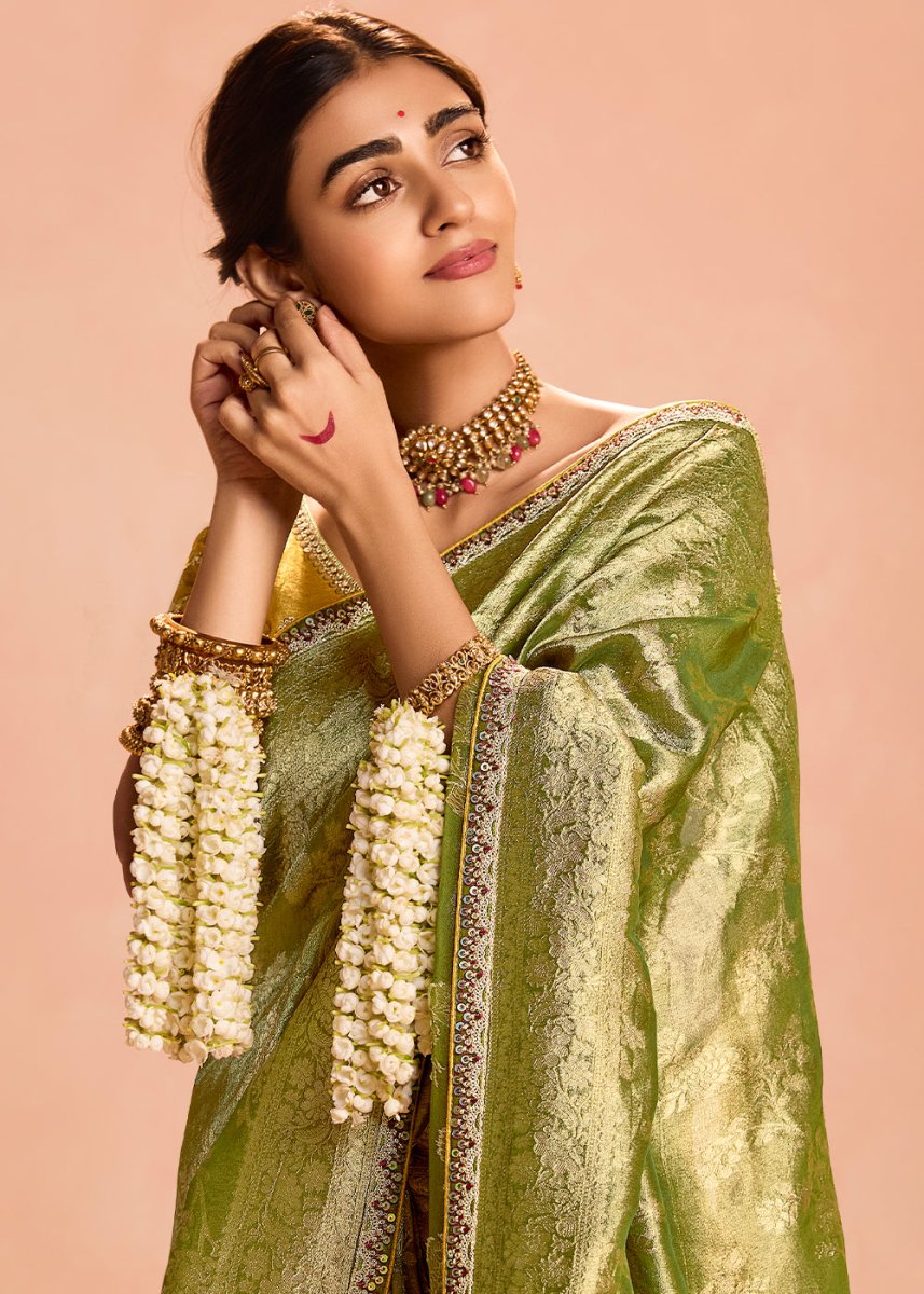 Corn Green Designer Tissue Silk Saree with Zari & Embroidered Blouse - House of Sarvati LLC