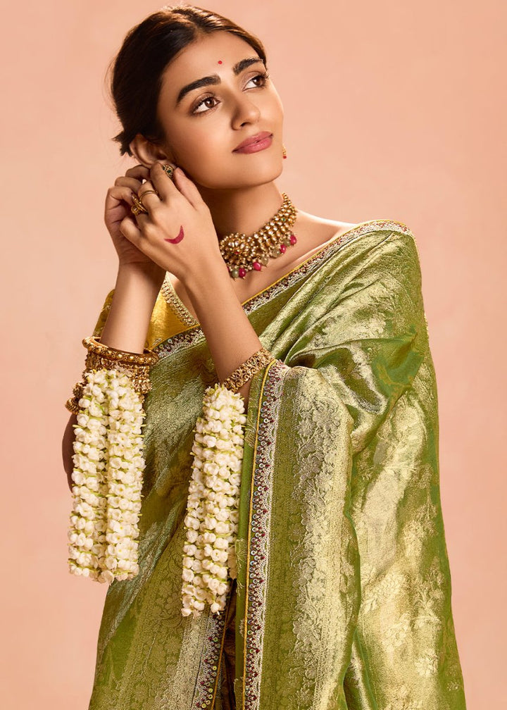 Corn Green Designer Tissue Silk Saree with Zari & Embroidered Blouse - House of Sarvati LLC