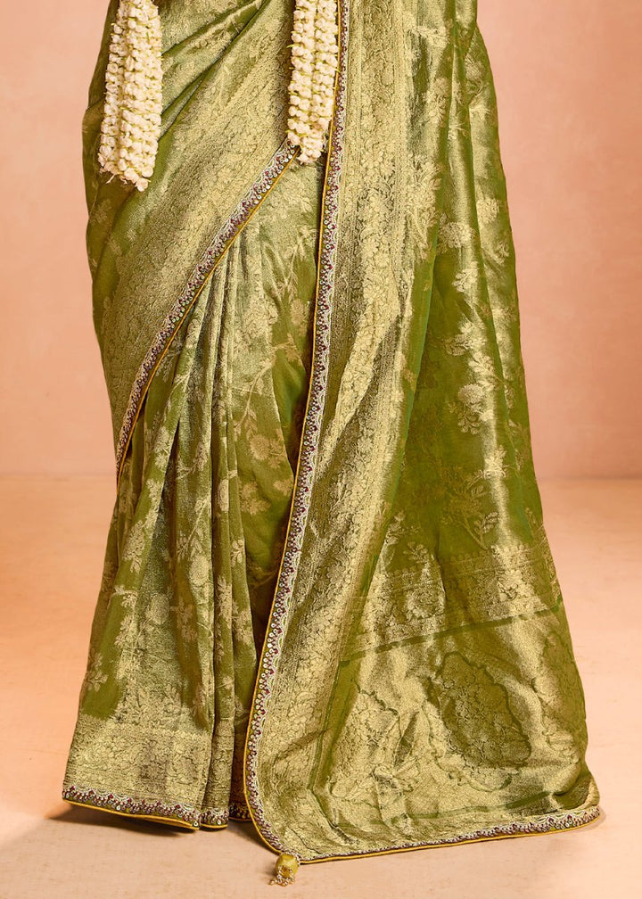 Corn Green Designer Tissue Silk Saree with Zari & Embroidered Blouse - House of Sarvati LLC