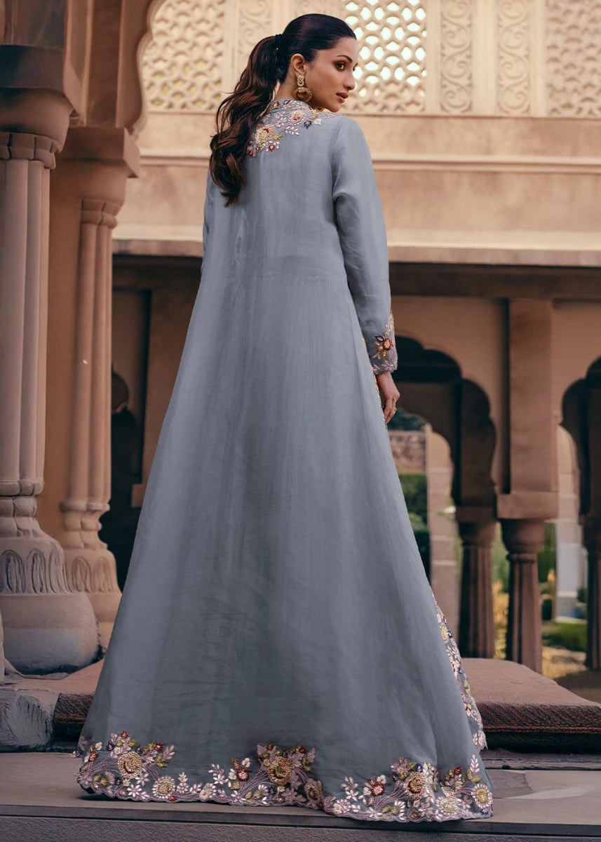 Cornflower Blue Chinon Silk Skirt and Top Set with Flowing Organza Jacket - House of Sarvati LLC