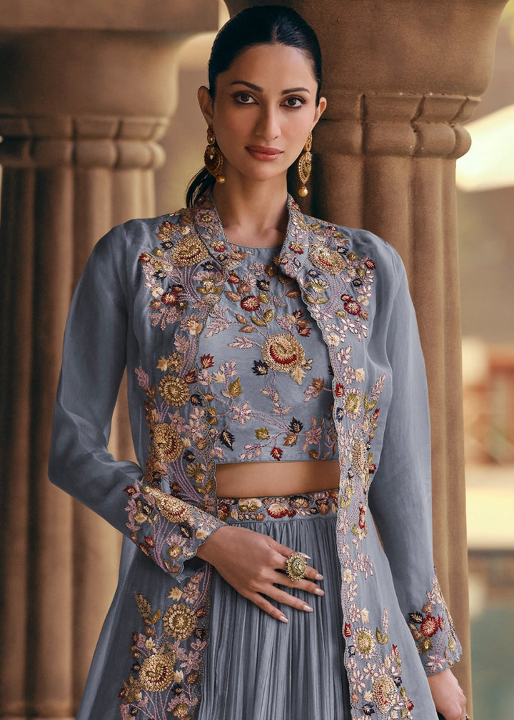 Cornflower Blue Chinon Silk Skirt and Top Set with Flowing Organza Jacket - House of Sarvati LLC