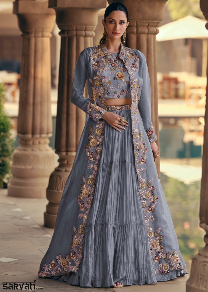 Cornflower Blue Chinon Silk Skirt and Top Set with Flowing Organza Jacket - House of Sarvati LLC
