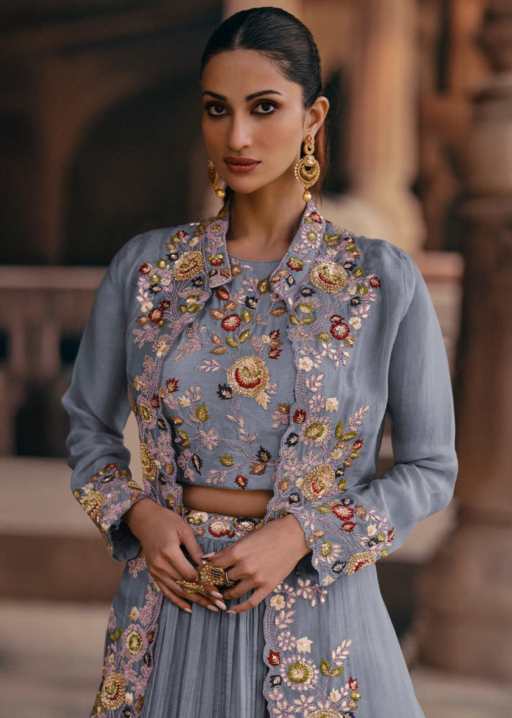 Cornflower Blue Chinon Silk Skirt and Top Set with Flowing Organza Jacket - House of Sarvati LLC