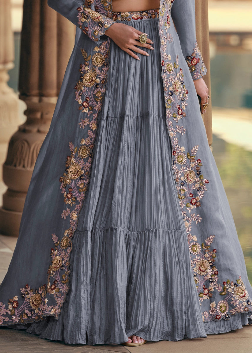 Cornflower Blue Chinon Silk Skirt and Top Set with Flowing Organza Jacket - House of Sarvati LLC