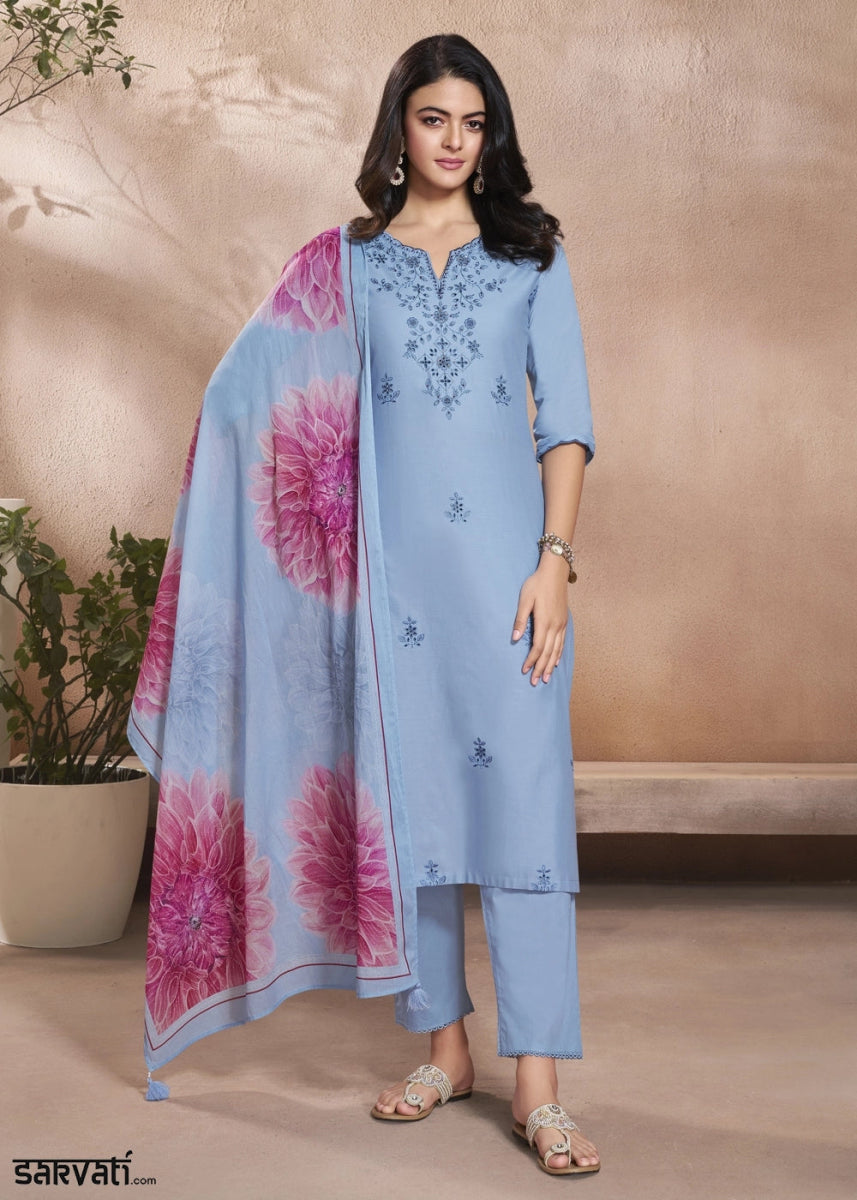 Cornflower Blue Cotton Suit with Beautiful Floral Threadwork - House of Sarvati LLC