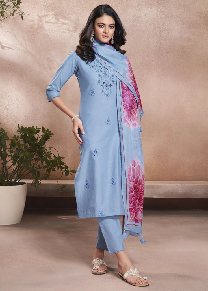Cornflower Blue Cotton Suit with Beautiful Floral Threadwork - House of Sarvati LLC
