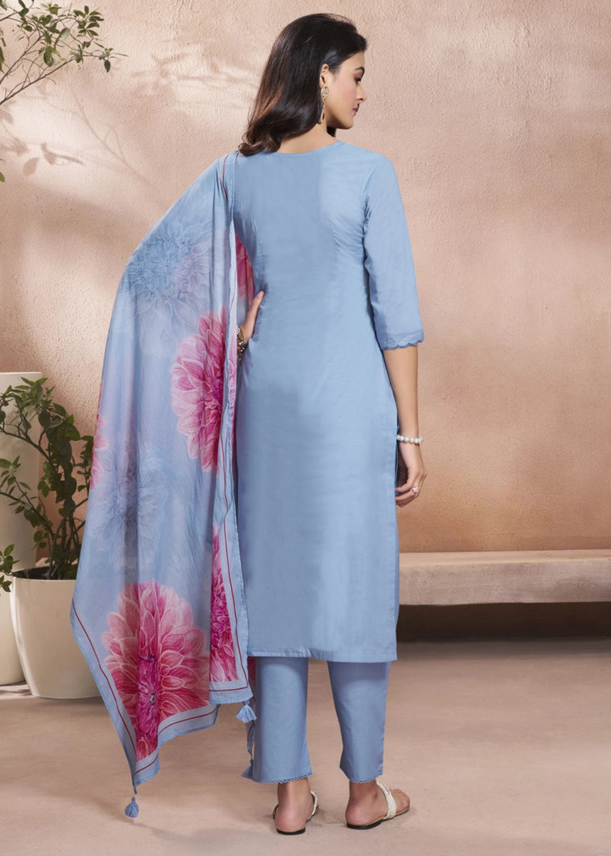 Cornflower Blue Cotton Suit with Beautiful Floral Threadwork - House of Sarvati LLC