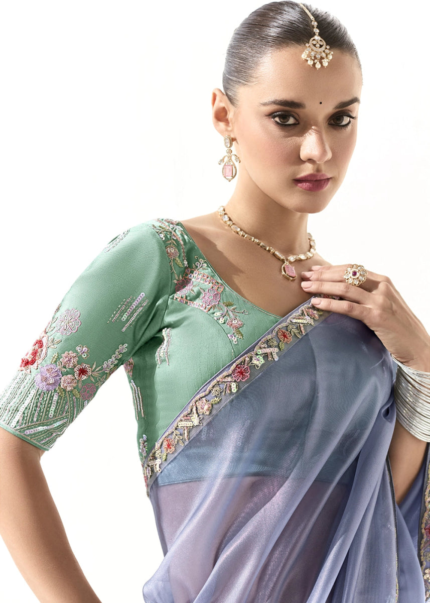 Cornflower Blue Designer Tissue Organza Saree With All - Over Buttas And Hand Embroidered Blouse - House of Sarvati LLC
