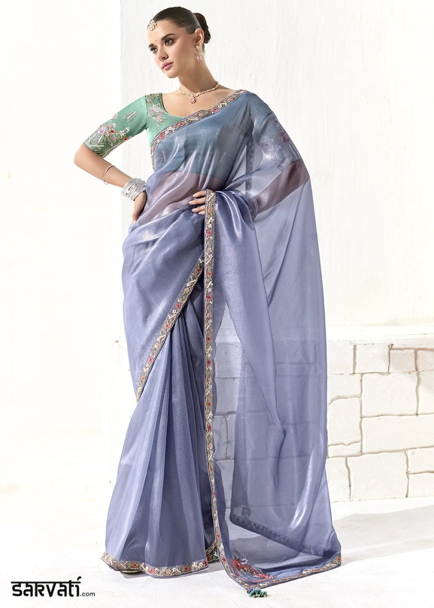Cornflower Blue Designer Tissue Organza Saree With All - Over Buttas And Hand Embroidered Blouse - House of Sarvati LLC