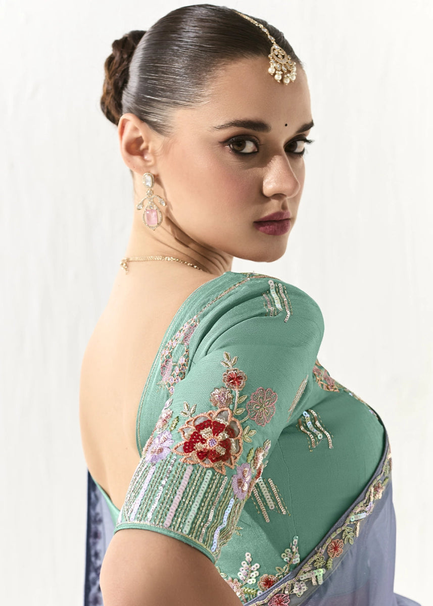 Cornflower Blue Designer Tissue Organza Saree With All - Over Buttas And Hand Embroidered Blouse - House of Sarvati LLC