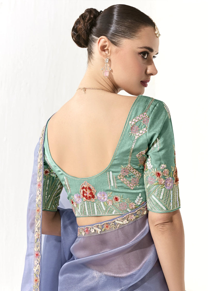 Cornflower Blue Designer Tissue Organza Saree With All - Over Buttas And Hand Embroidered Blouse - House of Sarvati LLC