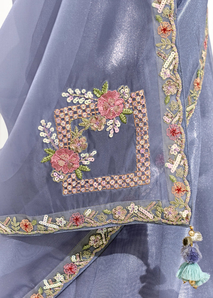 Cornflower Blue Designer Tissue Organza Saree With All - Over Buttas And Hand Embroidered Blouse - House of Sarvati LLC
