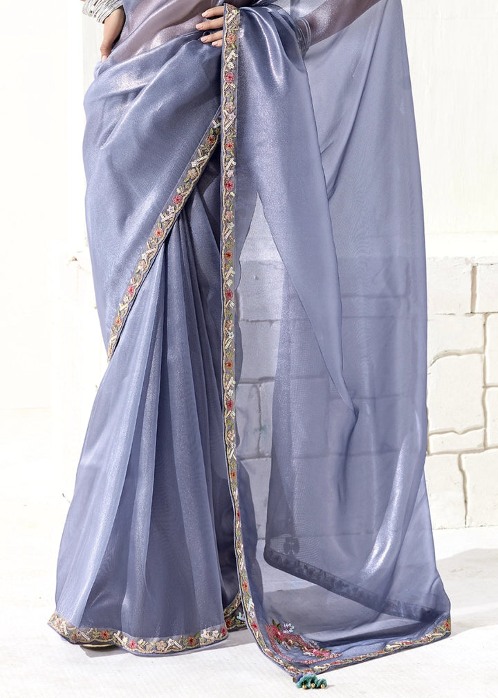 Cornflower Blue Designer Tissue Organza Saree With All - Over Buttas And Hand Embroidered Blouse - House of Sarvati LLC