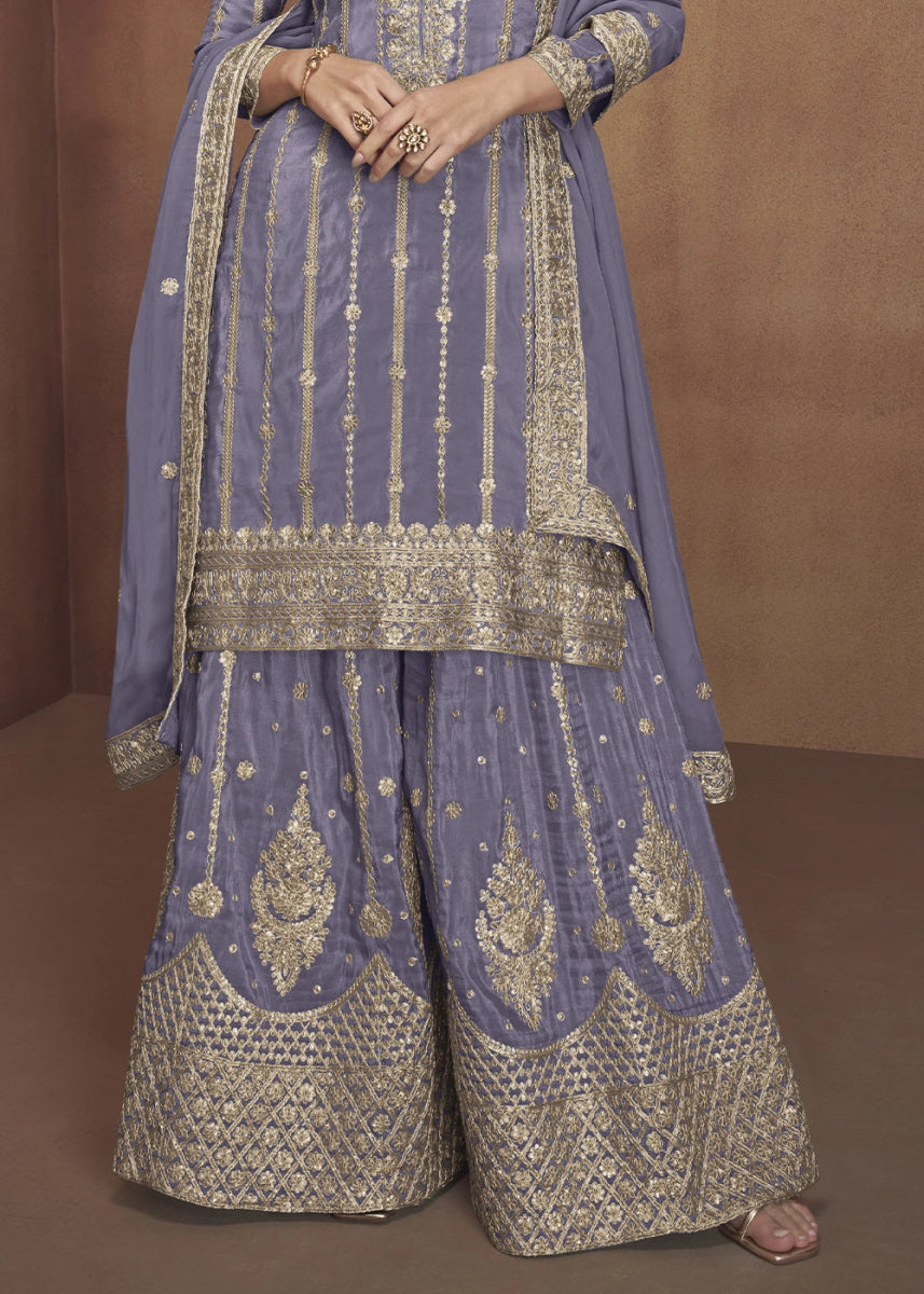Cornflower Blue Festive Palazzo Suit in Soft Simar Silk with Embellishments - House of Sarvati LLC
