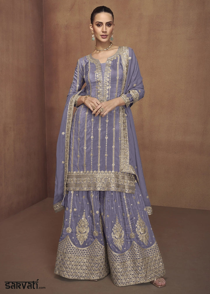 Cornflower Blue Festive Palazzo Suit in Soft Simar Silk with Embellishments - House of Sarvati LLC
