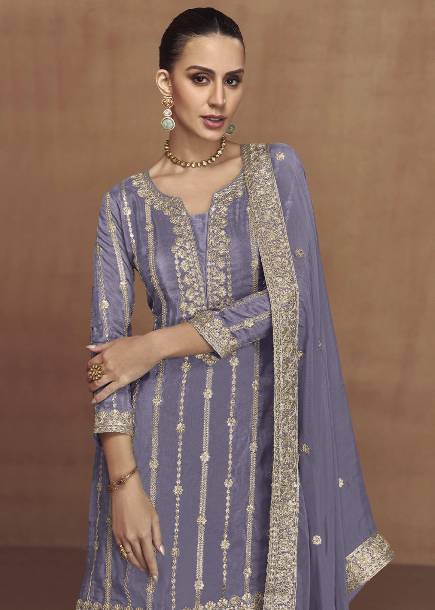 Cornflower Blue Festive Palazzo Suit in Soft Simar Silk with Embellishments - House of Sarvati LLC