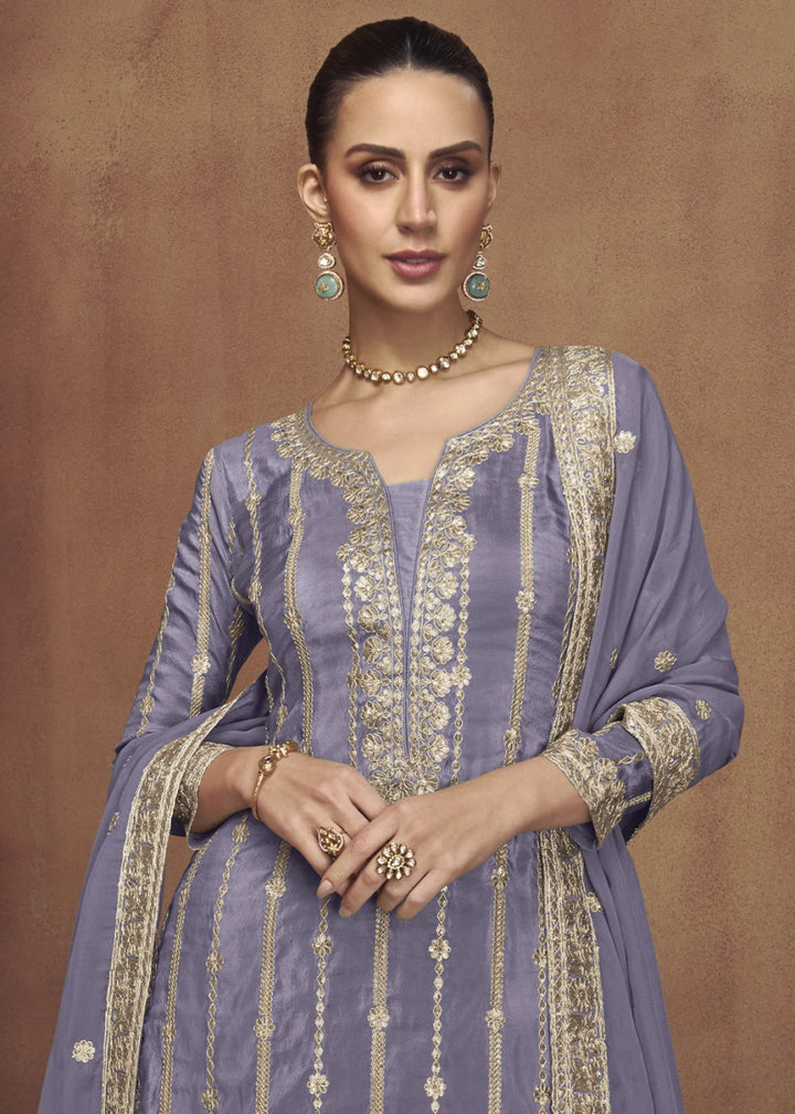 Cornflower Blue Festive Palazzo Suit in Soft Simar Silk with Embellishments - House of Sarvati LLC