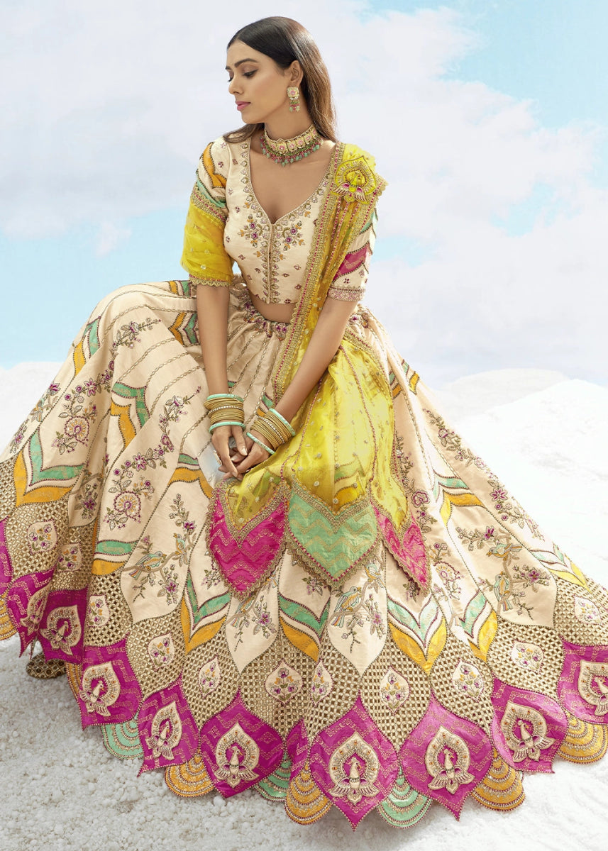 Cream White Banarasi Silk Lehenga Choli with Intricate Embroidery and Cut Work - House of Sarvati LLC