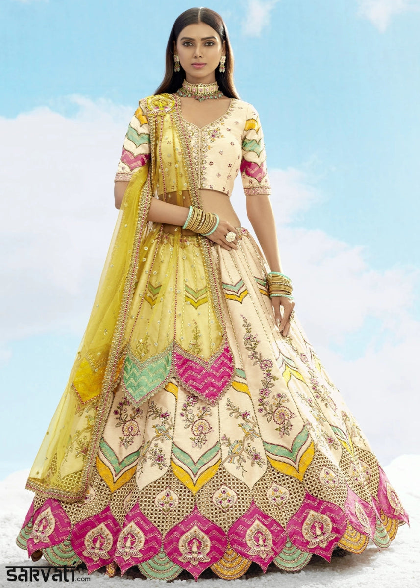 Cream White Banarasi Silk Lehenga Choli with Intricate Embroidery and Cut Work - House of Sarvati LLC