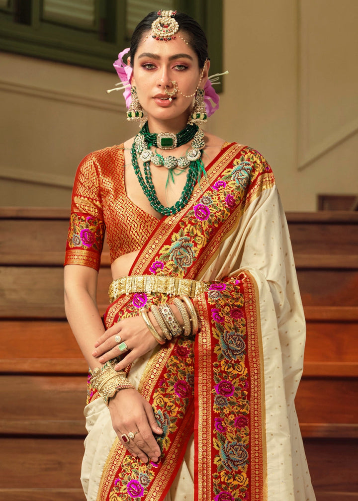 Cream White Banarasi Silk Saree With Jacquard Butti Weaving And Meenakari Border & Pallu - House of Sarvati LLC
