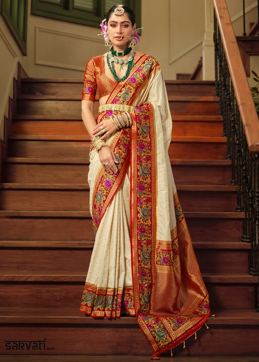 Cream White Banarasi Silk Saree With Jacquard Butti Weaving And Meenakari Border & Pallu - House of Sarvati LLC