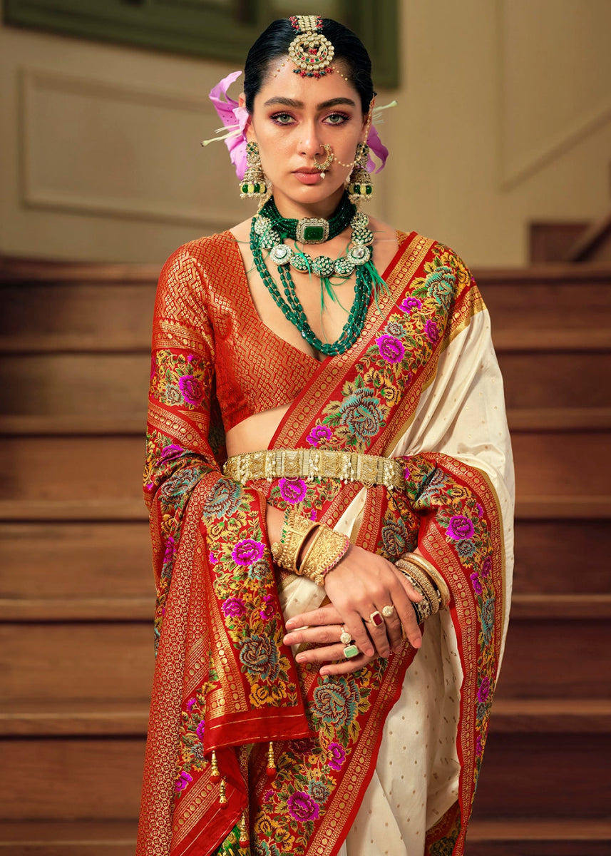 Cream White Banarasi Silk Saree With Jacquard Butti Weaving And Meenakari Border & Pallu - House of Sarvati LLC