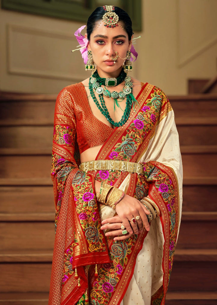 Cream White Banarasi Silk Saree With Jacquard Butti Weaving And Meenakari Border & Pallu - House of Sarvati LLC