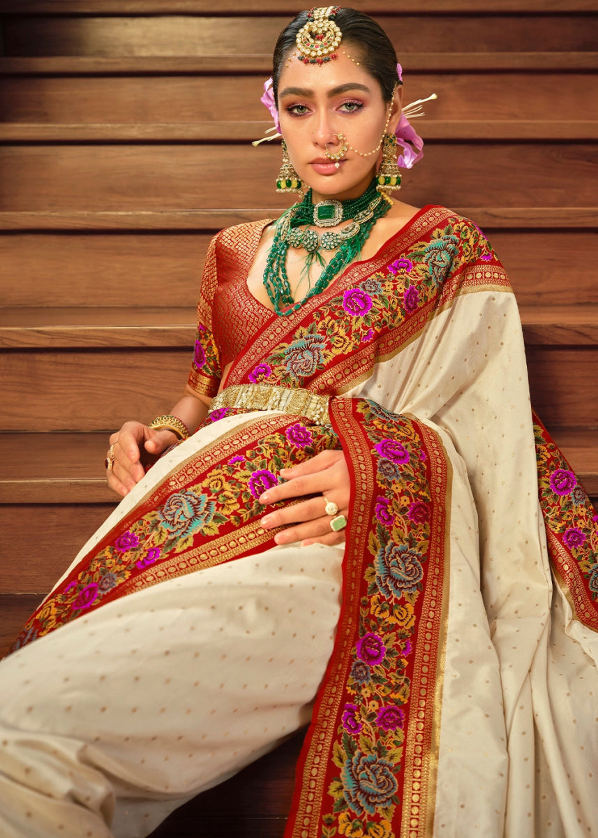 Cream White Banarasi Silk Saree With Jacquard Butti Weaving And Meenakari Border & Pallu - House of Sarvati LLC